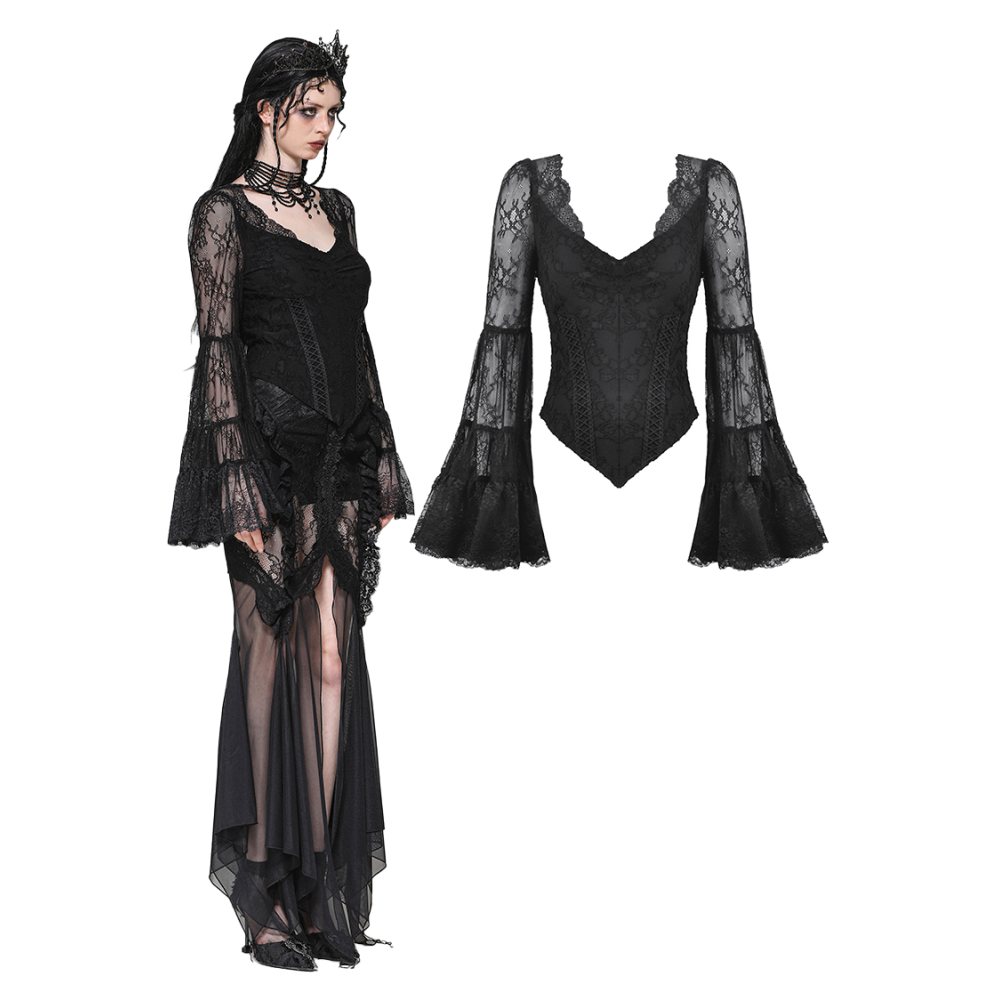 Dark in Love - Romantic Lace Patchwork Bell-Sleeve Layered Cuff Longsleeve top - Zwart